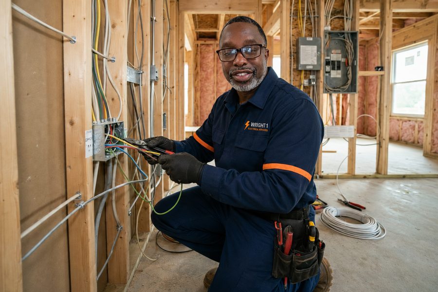 Clyde Wright wiring an outlet box during new construction