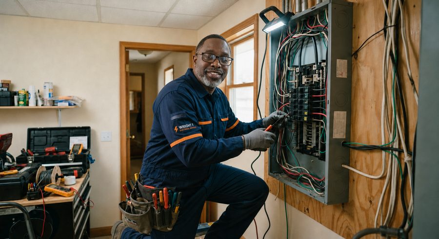 Clyde Wright working inside a residential electrical panel