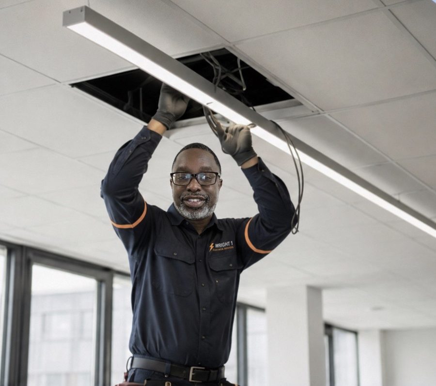 Clyde Wright installing a commercial ceiling light fixture