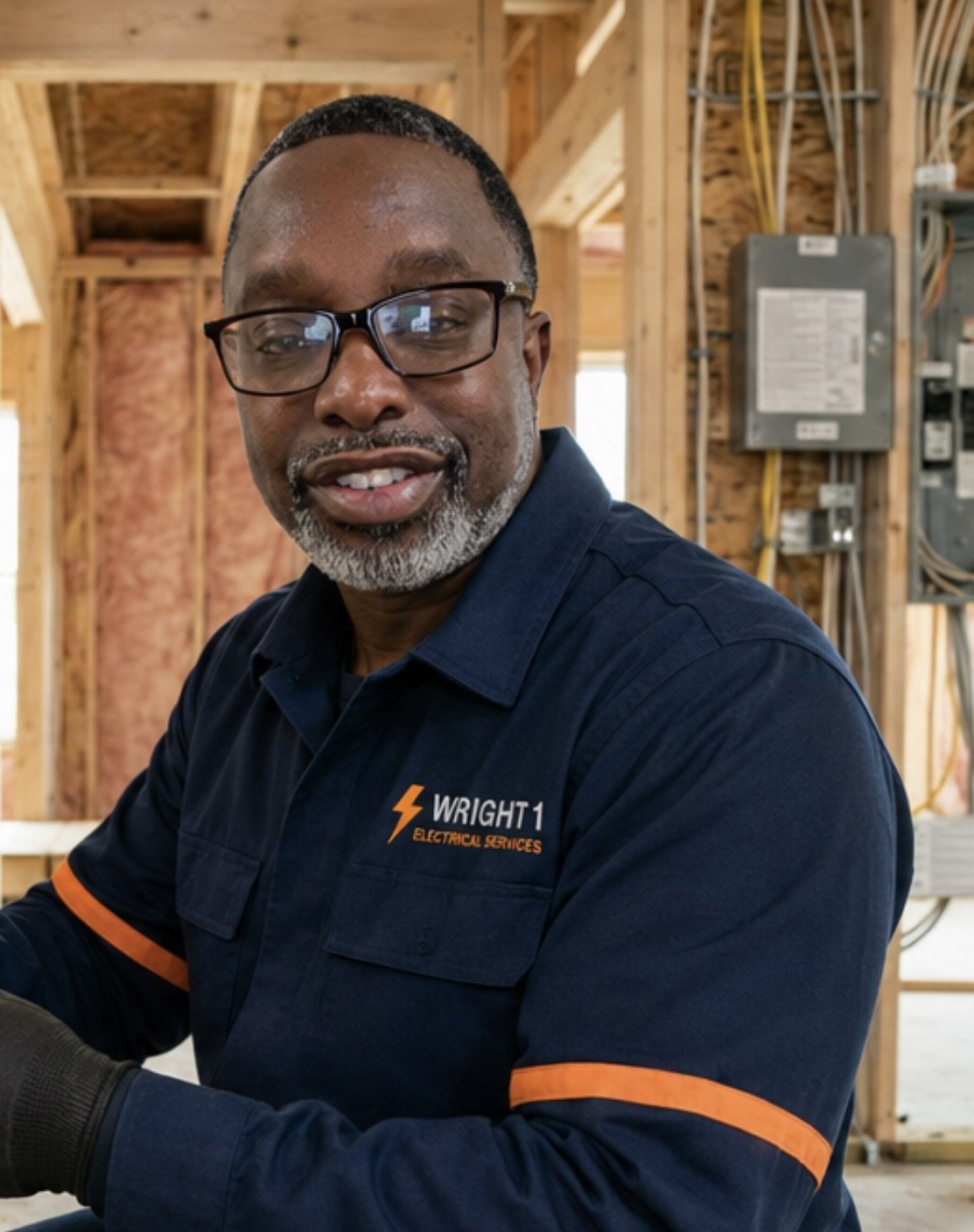 Clyde Wright, owner of Wright 1 Electrical Services, wearing branded Wright 1 coveralls